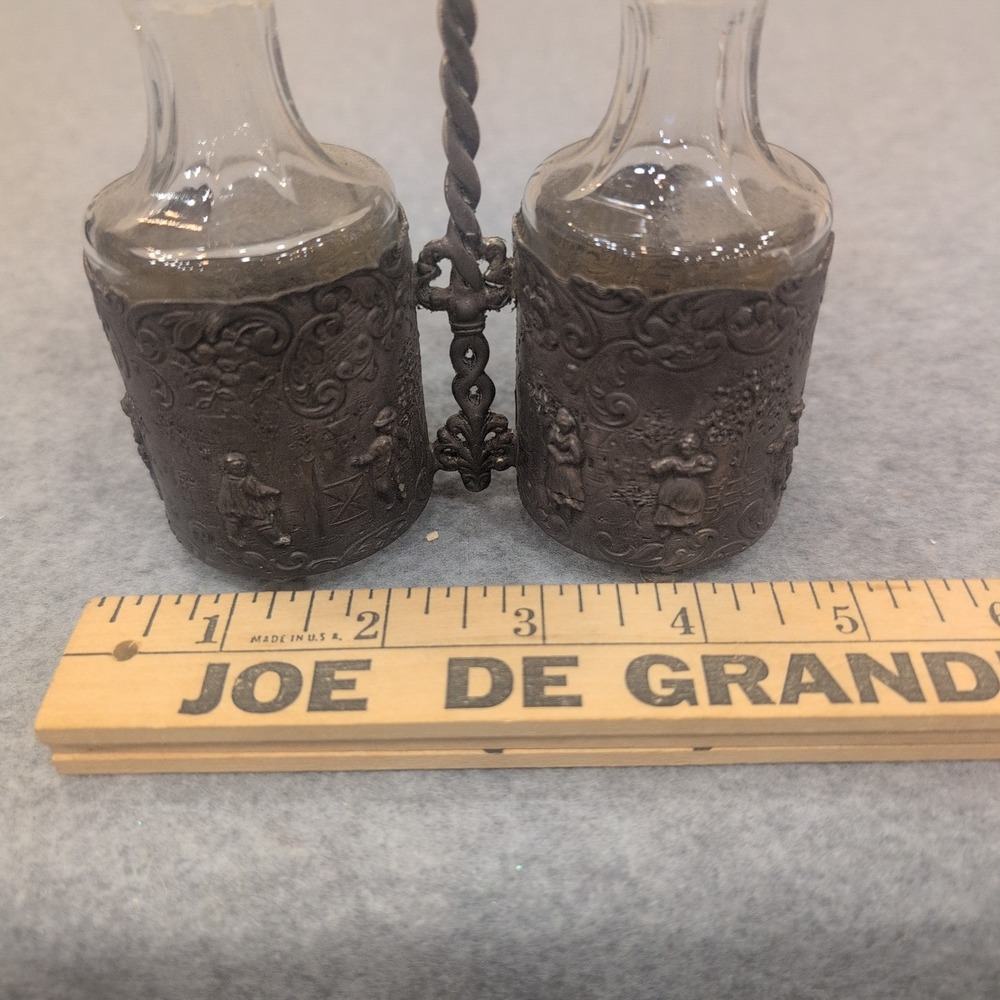 Vintage Dutch Windmill Cruet Set Glass Bottles Ornate Metal Caddy Village Scene - Picture 3 of 12
